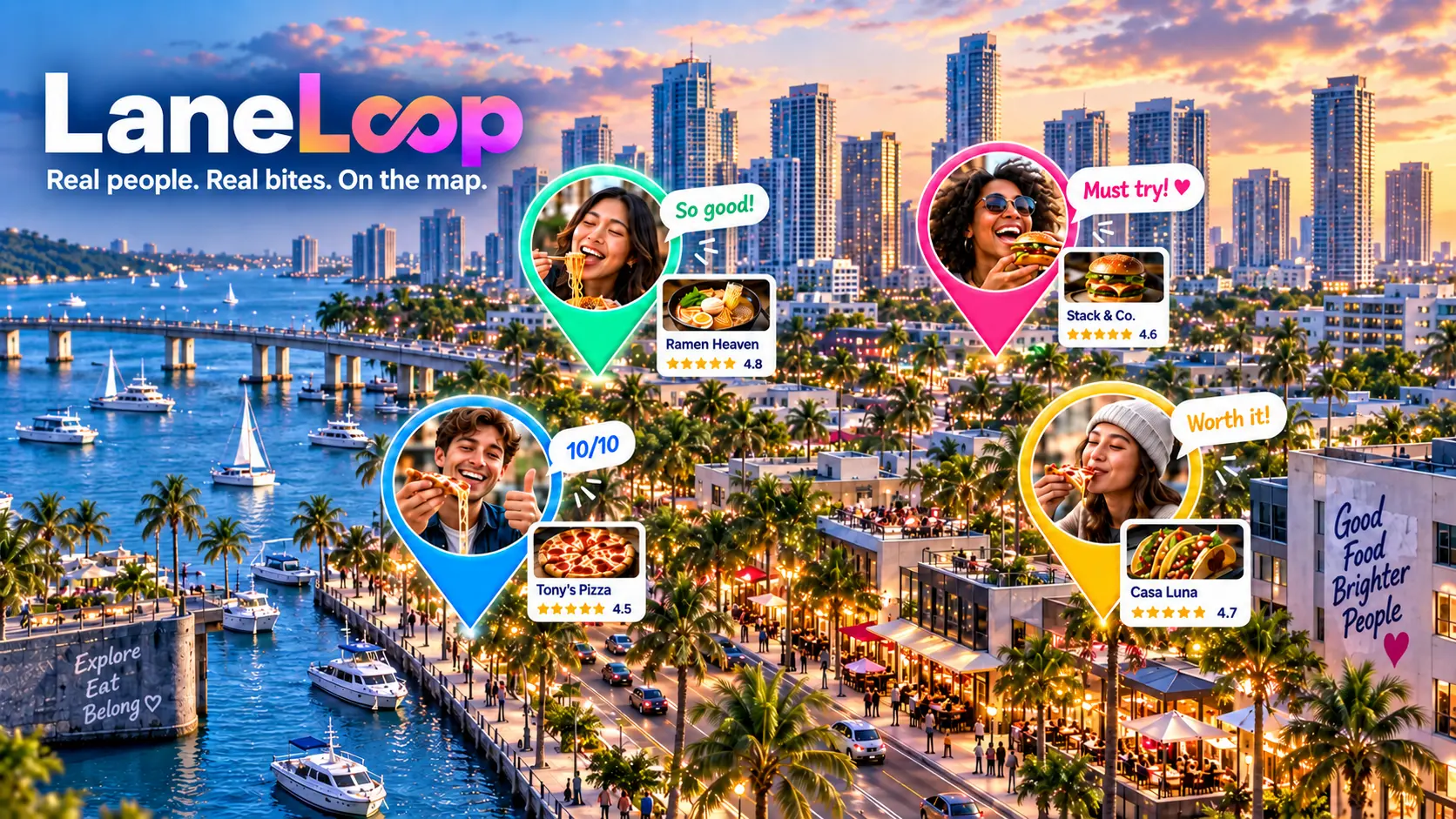 LaneLoop map showing food creators reviewing restaurants on video